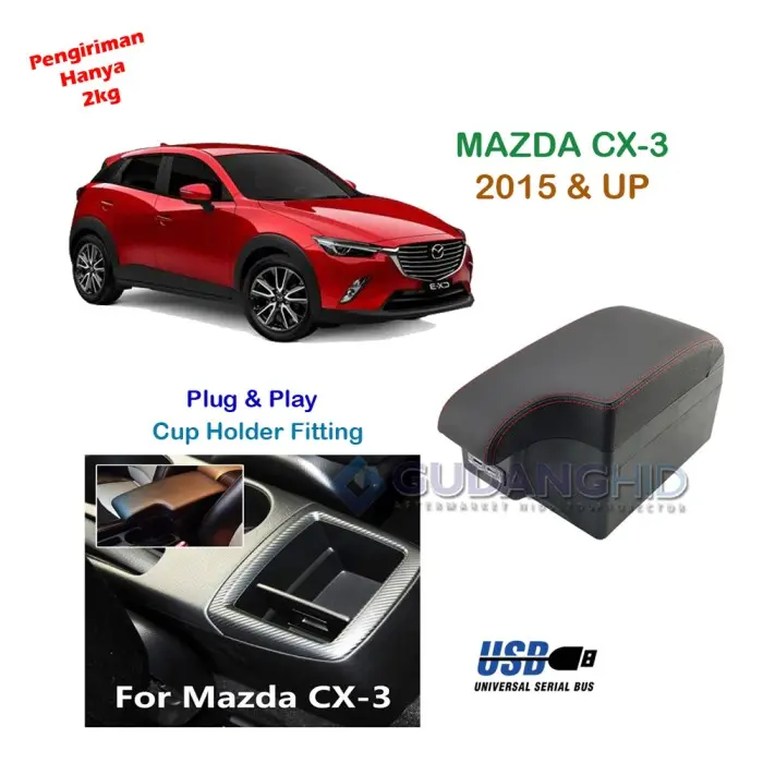Armrest Box Port Charger + LED Up 7 USB Mobil Mazda CX3 CX-3 2015 - Ultima, All Black 1