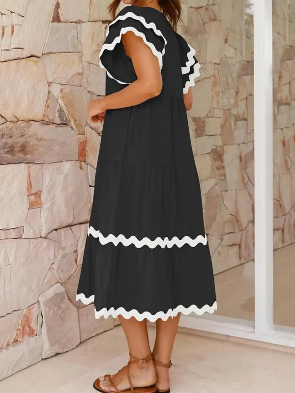 【Plus Size】 Colorblock Print V Neck Dress, Elegant Layered Hem Flutter Sleeve Vneck A Line Dress for Summer, Women's Clothing for Daily Wear, Plus Size Dresses, Womenswear 1