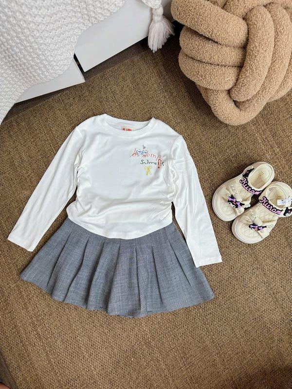 Set Áo Tay Dài Trắng Nhún (Hình Xinh) Kèm Chân Váy Xếp Li Dạ 2 Màu 22K Dành Cho Bé Gái