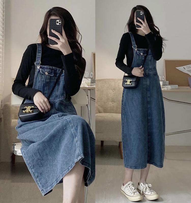 Váy Yếm Jean dáng dài có túi trước Yếm Jean Demin hai dây phong cách Hàn Quốc 023