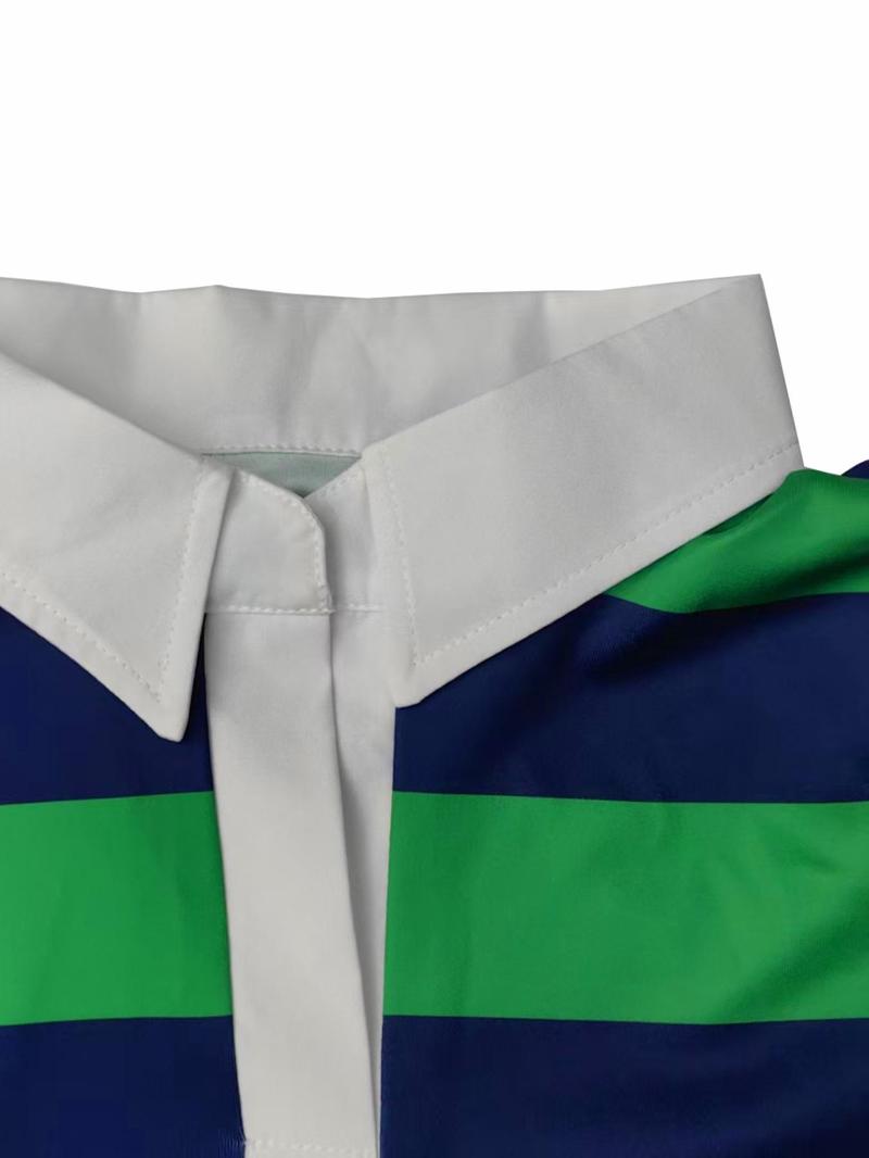 Product Introduction of Women's Colorblock Striped Print Short Sleeve Polo Shirt  & Skirt Two-piece Set, Casual Crop Top & Short Skirt for Summer, Ladies Clothes for Daily Wear 3