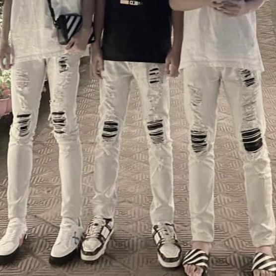 Quần jean nam trắng vá da đen jean boy phố vá rách cao cấp 888