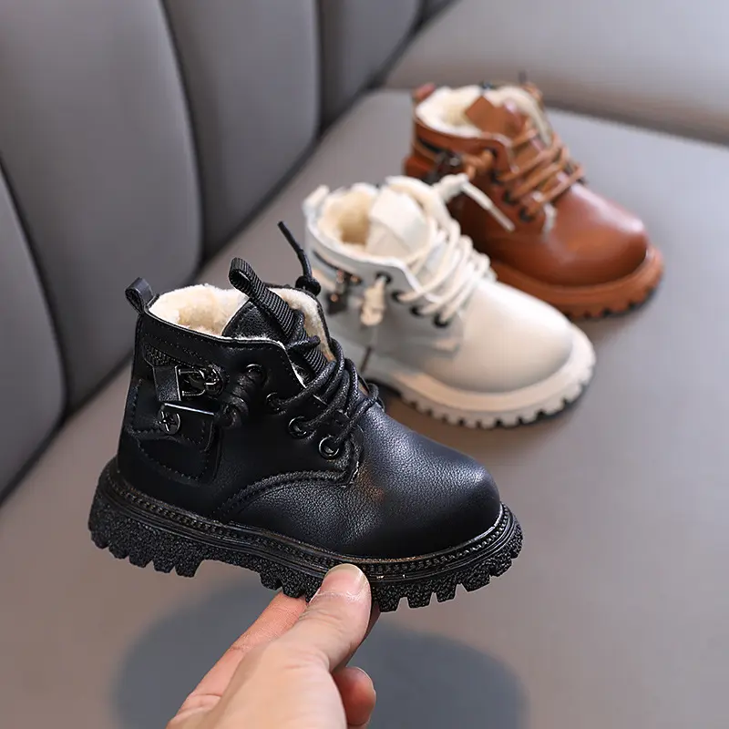 Girls' Cotton Shoes Winter Fleece-lined Thickened New Baby Winter Shoes Martin Boots for Boys British Style Low Tube Soft Bottom Toddler Shoes