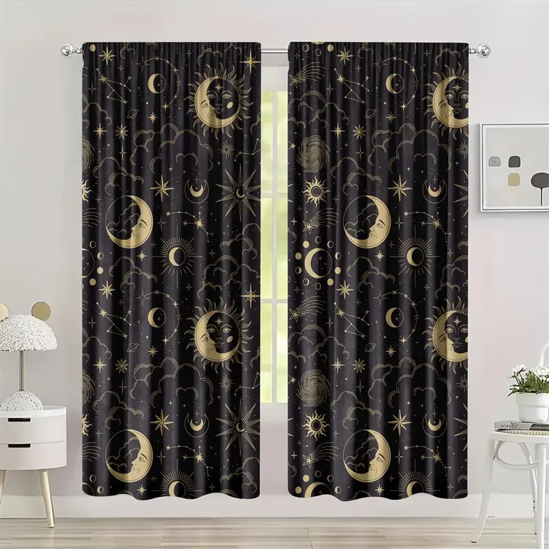 Star & Moon Pattern Curtain, 2 Counts/set Bohemian Fashion Digital Print Sun Moon Star Decoration Curtain, Suitable for Living Room Office Home Decoration 4