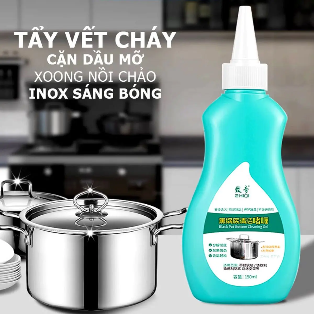 Gel vệ sinh nồi chảo đen chai 150ml tẩy vết bẩn đen vết cặn dầu xoong nồi chảo