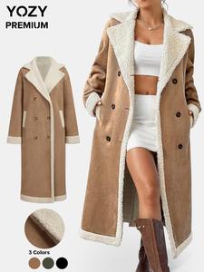 YOZY Valentine's Day Gift for Girl, Women's Solid Color Double Button Pocket Drop Shoulder Wool Coat, Casual Long Sleeve Lapel Neckline Longline Coat, Fall & Winter Clothes