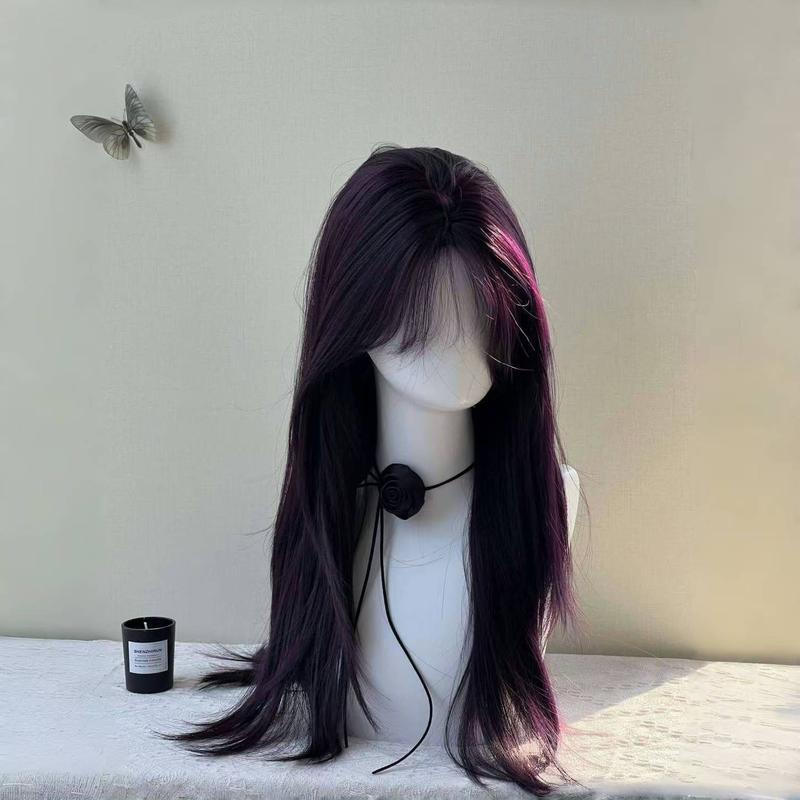 Product Introduction of Fairy Long Hair Black Purple Mid-Length Eight-Character Bangs High-Level White Artificial Natural Full-Head Wig 0