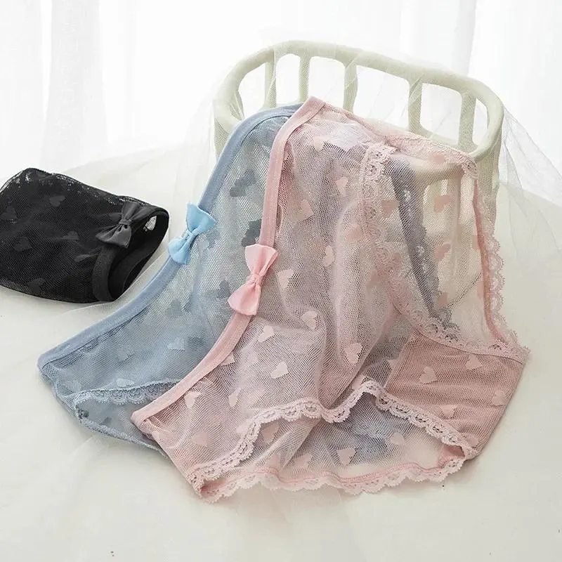 Quần Lót Ngọt Ngào Nhật Bản, cạp vừa, Phong Cách Nữ Tính, Với Nơ Ren Và Tình Yêu Lưới, Được Làm Bằng Chất Liệu Lưới Và Cotton, Quần Lót Đáy Quần, Thích Hợp Cho Phụ Nữ