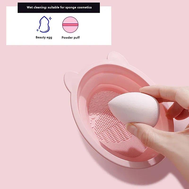 Product Introduction of New Silicone Makeup Brush Cleaner Foldable Beauty Sponge Powder Puff Cleaning Bowl Cosmetic Brush Washing Mat with Drying Rack 25