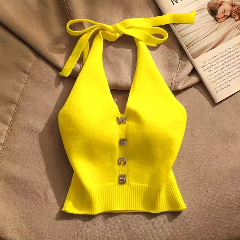 Áo Vest Dệt Kim Ngắn, Trễ Vai, Cổ Yếm Cô Gái Nóng Bỏng, Dây Đeo Spaghetti Thích Hợp Cho Mùa Hè, Có Thể Mặc Bên Trong Và Ngoài Trời Thiết Kế Mỏng Lưng Đẹp, Dành Cho Nữ