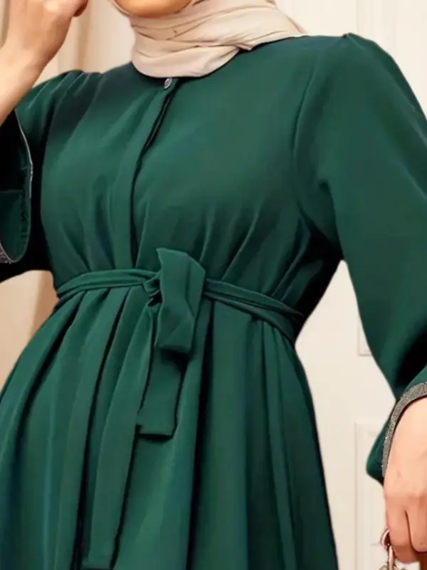 Women's Solid Color Long Sleeve Belted Blouse, Modesty Casual Round Neck Top for Daily Wear, Ladies Islamic Clothing for All Seasons 6