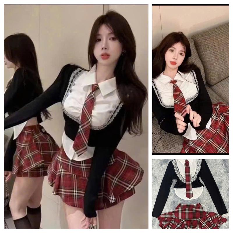 Bộ nữ 3 món áo trong sơ mi kèm áo ngoài dài tay hở ngực mix chân váy caro hình mẫu shop - Kem, Women Sen Ren