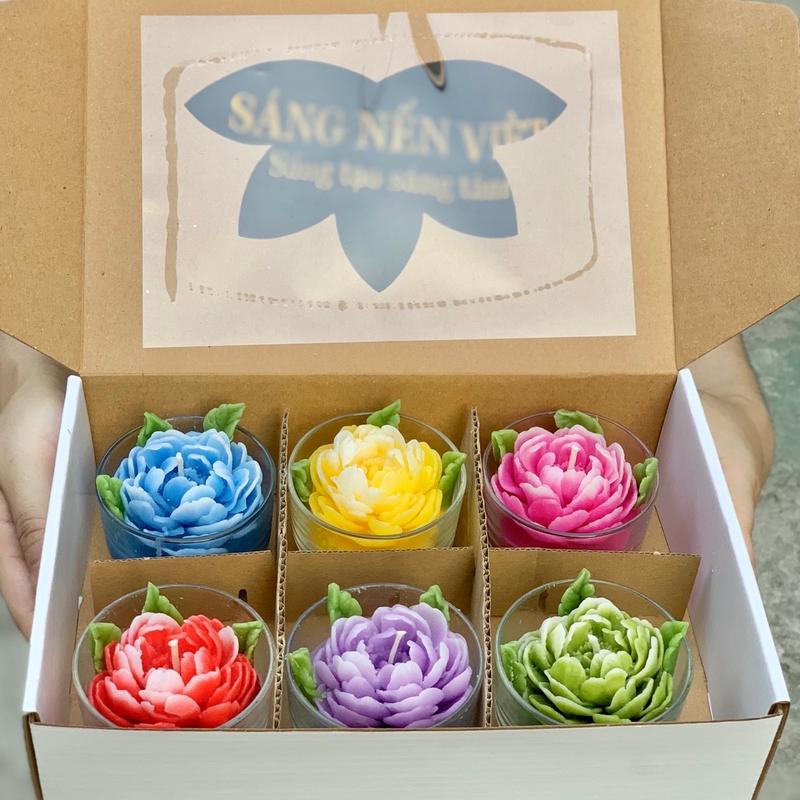 [FREESHIP] HỘP NẾN BƠ T56 HOA MẪU ĐƠN (T56MD) 6 cốc/hộp, 7 màu sắc tươi tắn, Cốc thuỷ tinh