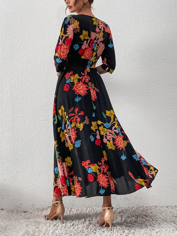 Women's Boho Floral Tied Button Front Split Long Maxi Dress, Casual Womenswear, Spring Summer Beach Vacation Half Sleeve V Neck A-line Dresses, Homecoming Dresses, Holiday Dresses, Ditsy Floral Dress 3