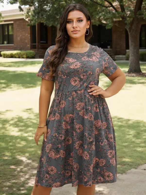 【Plus Size】Floral Print Pocket Round Neck A Line Dress, Casual Summer Clothes Women, Women's Short Sleeve Dress for Summer, Women's Clothes for Daily Wear, Womenswear, Plus Size Tummy Flattering Dresses 2