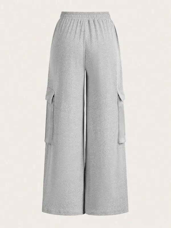 Women's Plain Flap Pocket Sweatpants, Casual Street Wide Leg Trousers for Daily Wear, Ladies Bottoms for Fall & Winter 2