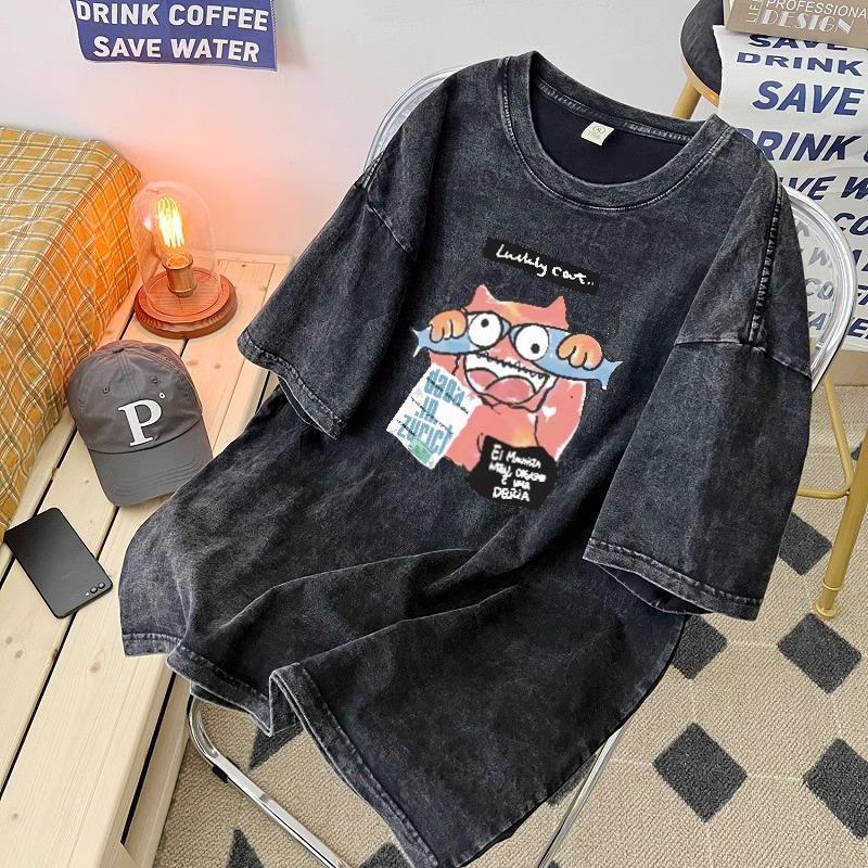 cotton nguyên chất mùa hè 2025 phong cách mới giặt đau khổ đa năng thời trang phong cách Hàn Quốc hợp thời trang rộng rãi cho nam nữ áo thun ngắn tay in hình học sinh cao cấp 2