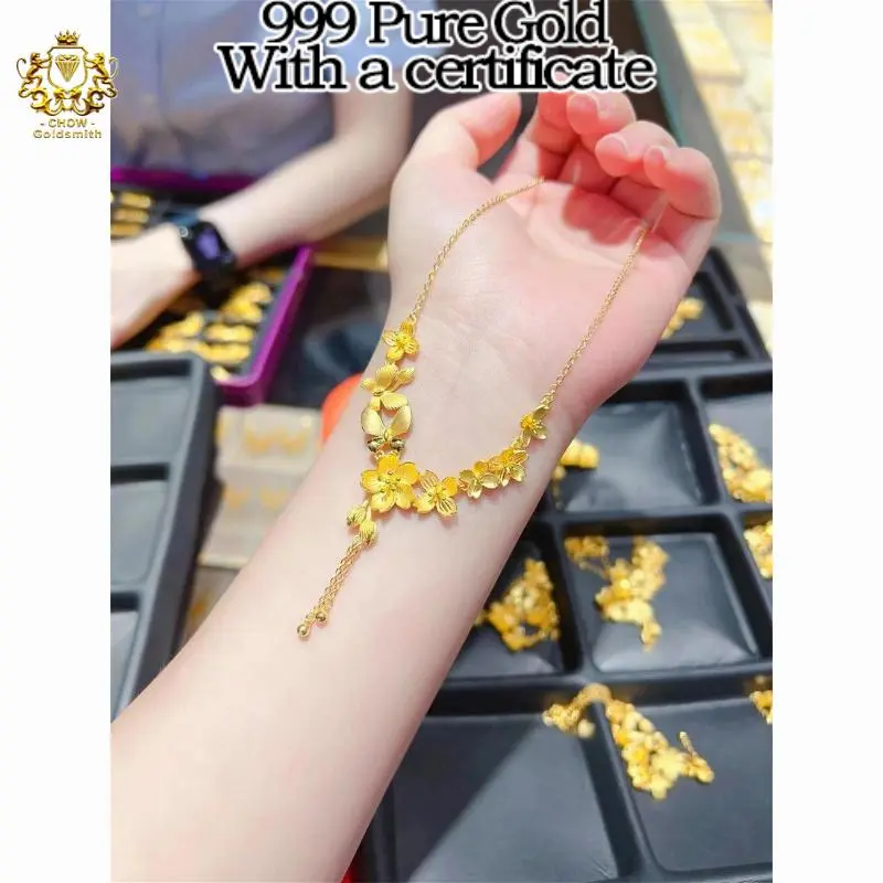 【Chow Gold Smith】Three Life Flower Butterfly Necklace Au999/24k Gold Pendant Plated Gold Necklace