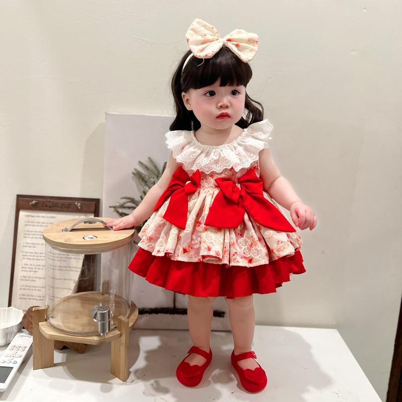 Váy Ren Thêu Sát Nách Cổ Bèo Trắng 2 Nơ Đỏ 5-12 Kg,Váy Cho Bé Gái Đầy Tháng Sinh Nhật
