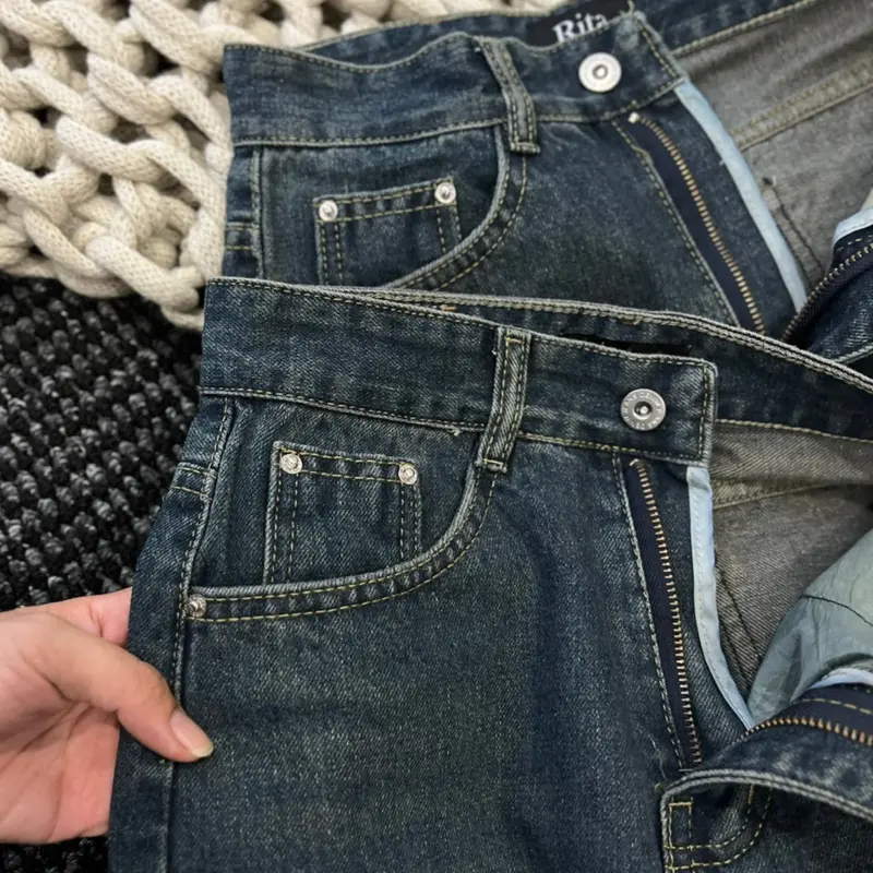 (RITA JEAN)A1 Quần Jean Nữ Ống Rộng Lưng Cao Trơn QC Mềm Lai Cuốn Màu Xanh Dài 104cm Rita Pants Women Denim 1