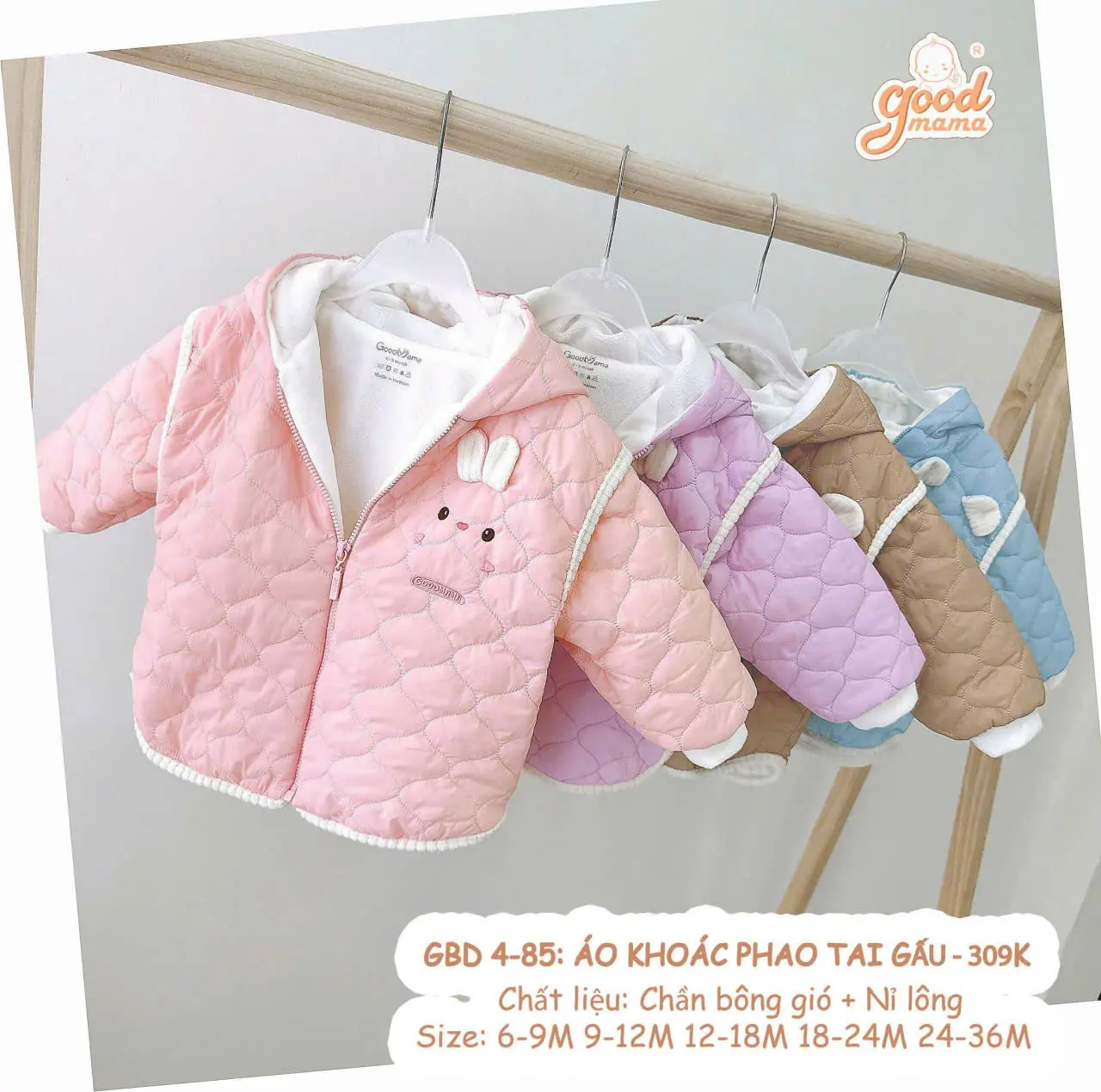 GOODMAMA/CHÍNH HÃNG Áo phao lót nỉ trần bông ấm áp cho bé 6 tháng - 3 tuổi Voi