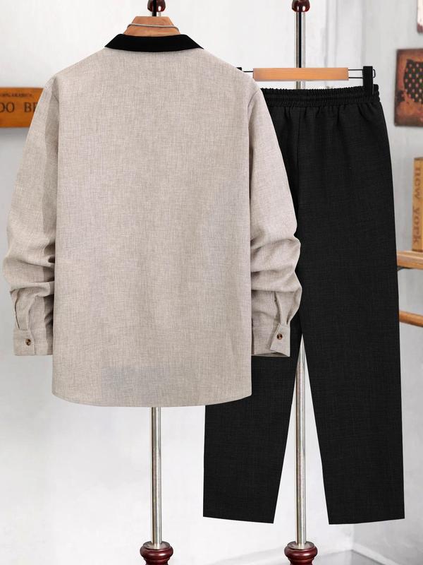 Men's Solid Button Front Longsleeves Shirt & Drawstring Waist Pants Set, Regular Fit Long Sleeve Lapel Neckline Top & Pocket Trousers, Casual Fashion Cozy Breathable Men Two-piece Outfits for Fall & Winter 9