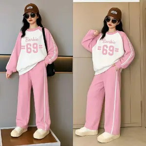 Baju Anak Setelan Perempuan Berbi 69 Set Sweater Celana Panjang Kulot Strip Putih Fashion Kids Junior Usia 3-14 Tahun