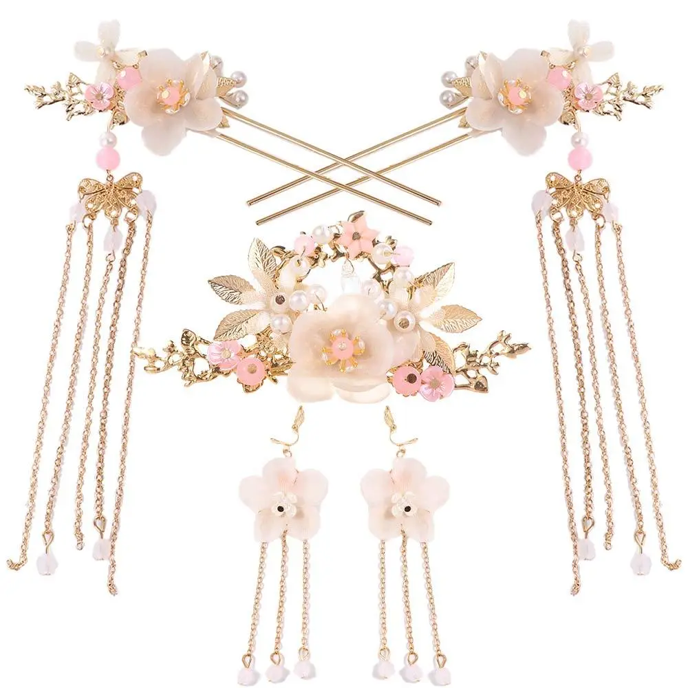 Hairpins Hair Clips Tassel Flower Long  Handmade Headwear Sets Hair Comb Hanfu Hair Stick Earrings