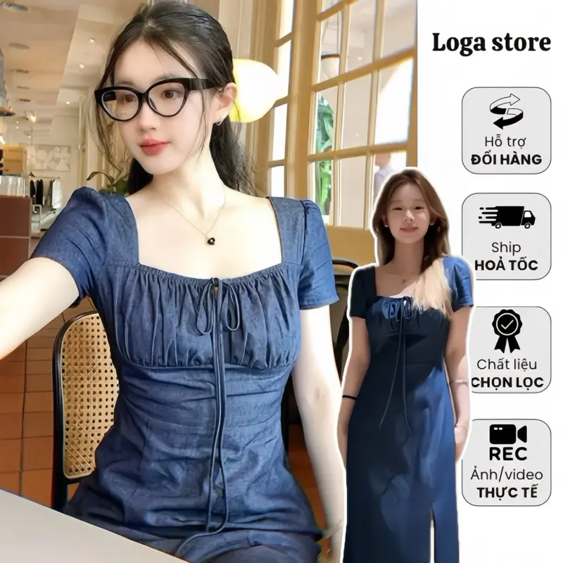 Váy denim cổ vuông dáng dài, đầm denim xẻ đùi dáng dài Logastore_L113