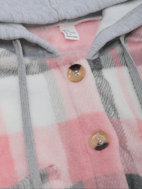 Women's Plaid Print Button Front Drop Shoulder Flannel Coat, Elegant Long Sleeve Drawstring Pocket Hooded Jacket for Fall & Winter, Women's Clothing for Daily Wear 5