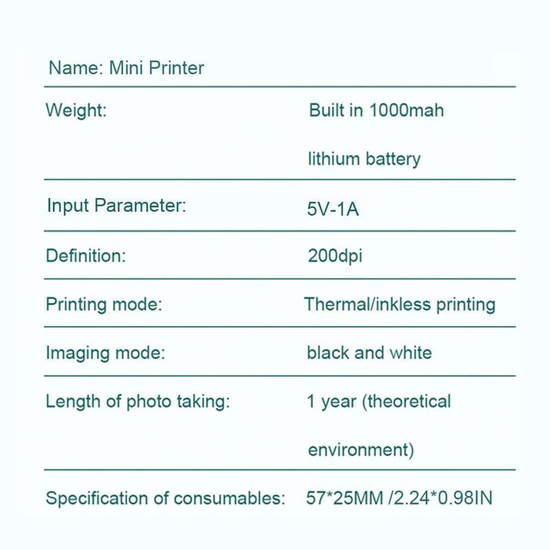 Portable Mini Thermal Printer, 1 Set Wireless Photo Printer with 1 Roll Paper, Pocket Inkless Multi-function Instant Photo Printer, Rechargeable Label Printer 8