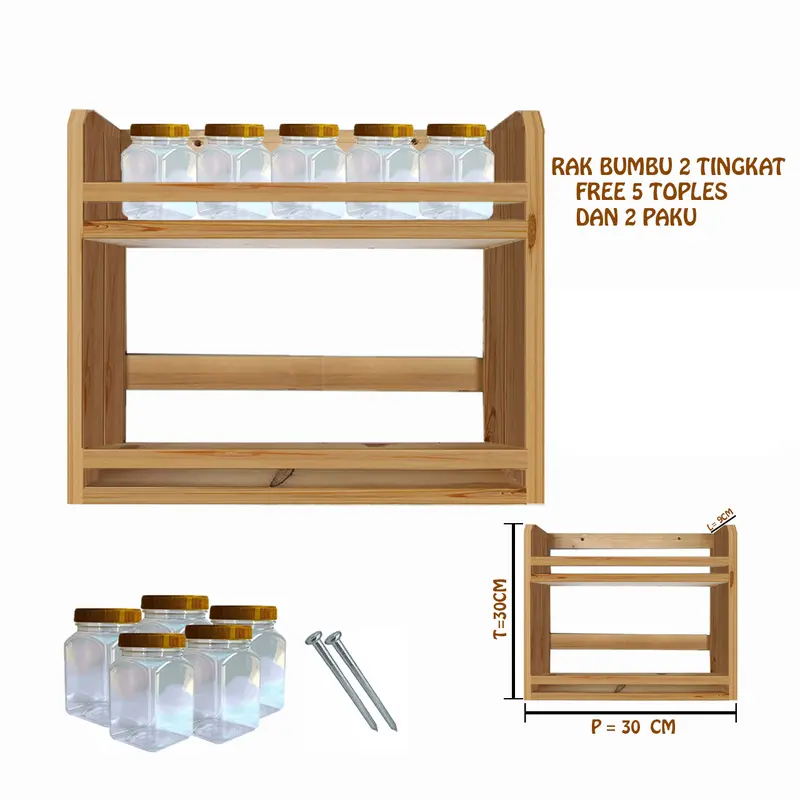 Tempat Bumbu Dapur Kayu 2 Tingkat Serbaguna Free Toples Sticker Multifungsi 0