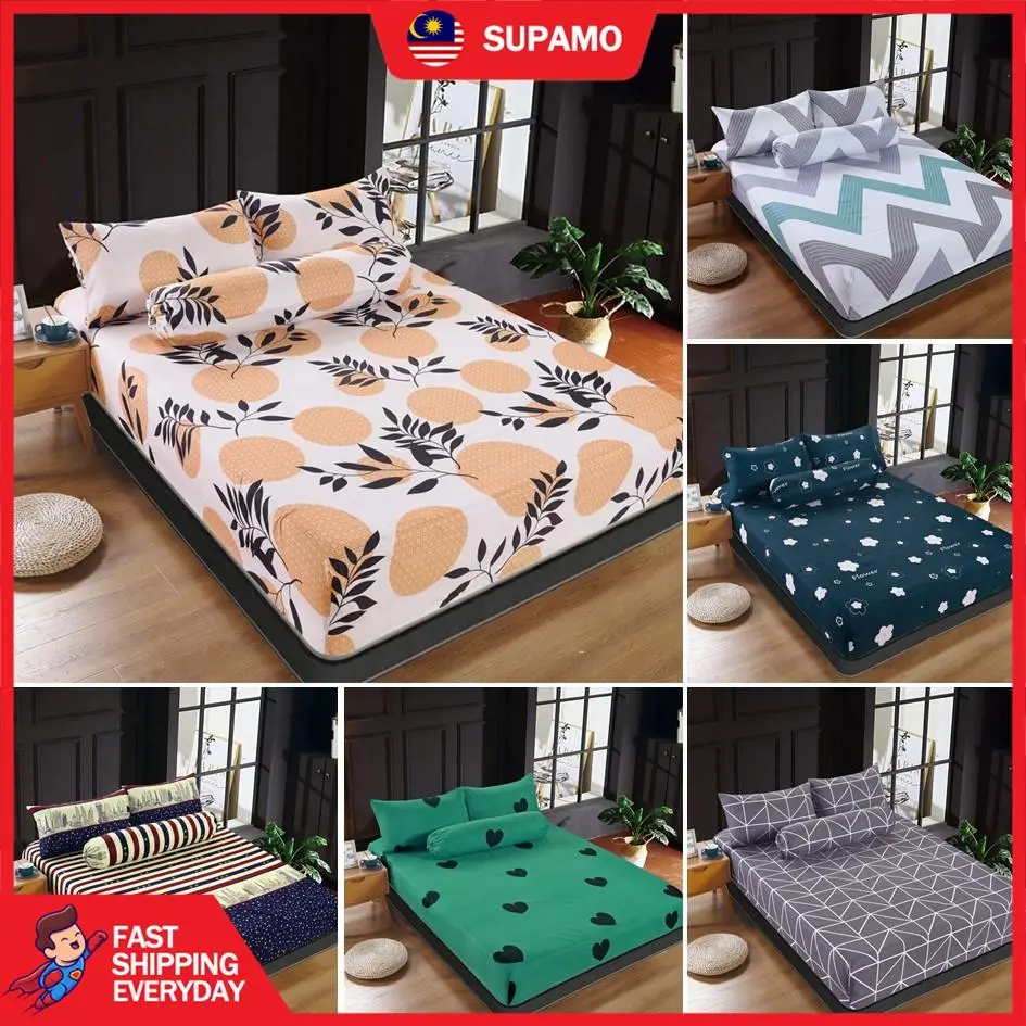 Premium Cotton Bedsheet 4-In-1 Queen 2-In-1 Single Cadar Bergetah Lapis Katil Sarung Katil Sarung Bantal Getah keliling Bed Sheets 2 LIVE