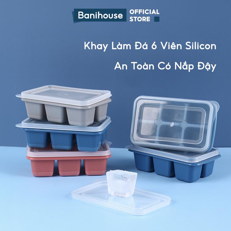 Combo 5 Khay Đá Silicon Có Nắp Đậy Banihouse Khuôn Làm Đá Viên Silicon Chống Mùi Tiện Lợi An Toàn Sức Khoẻ