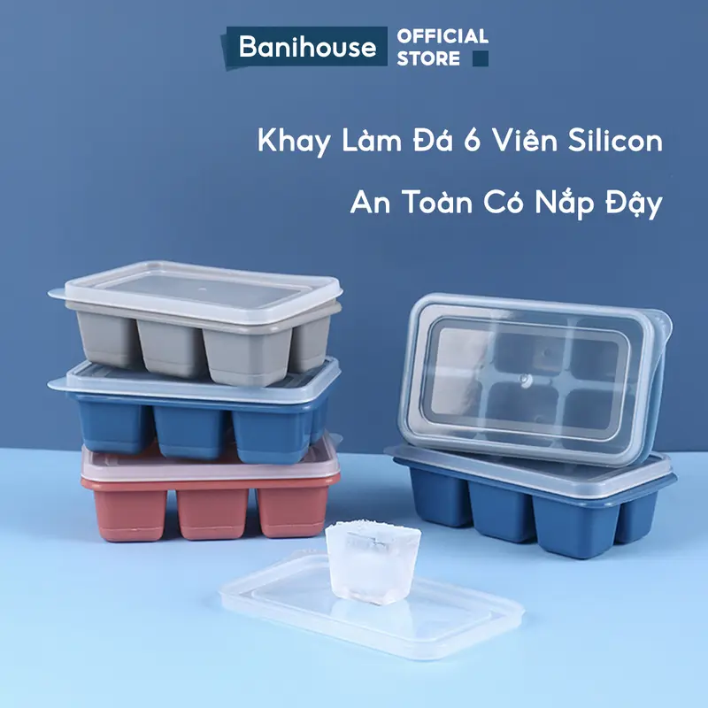 Combo 5 Khay Đá Silicon Có Nắp Đậy Banihouse Khuôn Làm Đá Viên Silicon Chống Mùi Tiện Lợi An Toàn Sức Khoẻ 0