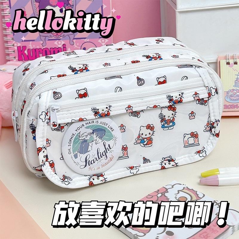 [Tặng sticker gấu trúc/capybara] Túi đựng bút Hello Kitty cỡ lớn 7 ngăn KAMI TB60 , túi đựng mỹ phẩm, Hộp bút Hello Kitty vải họa tiết trong suốt đáng yêu tiện lợi phong cách Hàn Quốc
