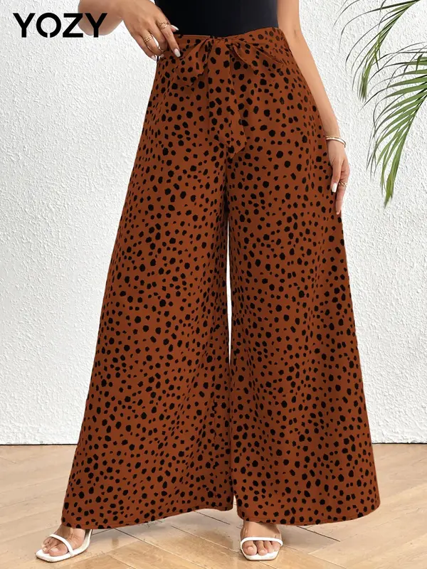 YOZY Polka Dot Print Zipper Back Wide Leg Pants, Elegant High Waist Belted Trousers, 2024 Women's All Seasons Outfits for Beach, Holiday, Vacation 2