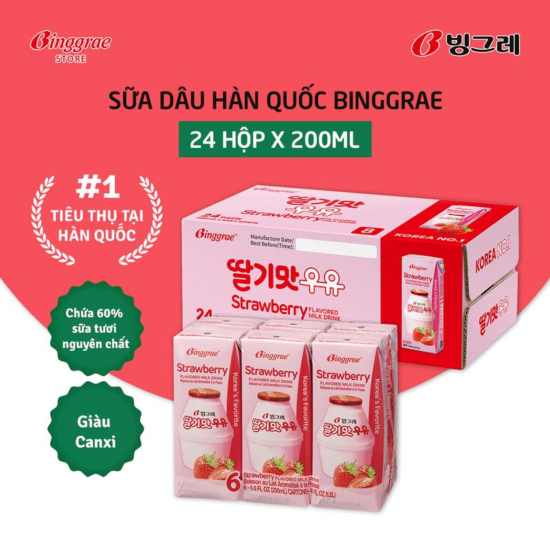  Thùng Sữa Dâu Hàn Quốc Binggrae Strawberry Milk  200ml x 24 hộp  