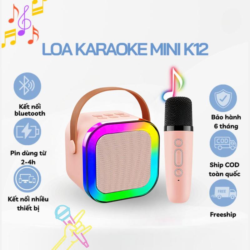 Loa Karaoke Mini K12 Bluetooth Kèm Mic Hát Kết Nối Không Dây Có Đèn Led Và Pin Sạc - Kem, Nghe Nhạc Củ Loa