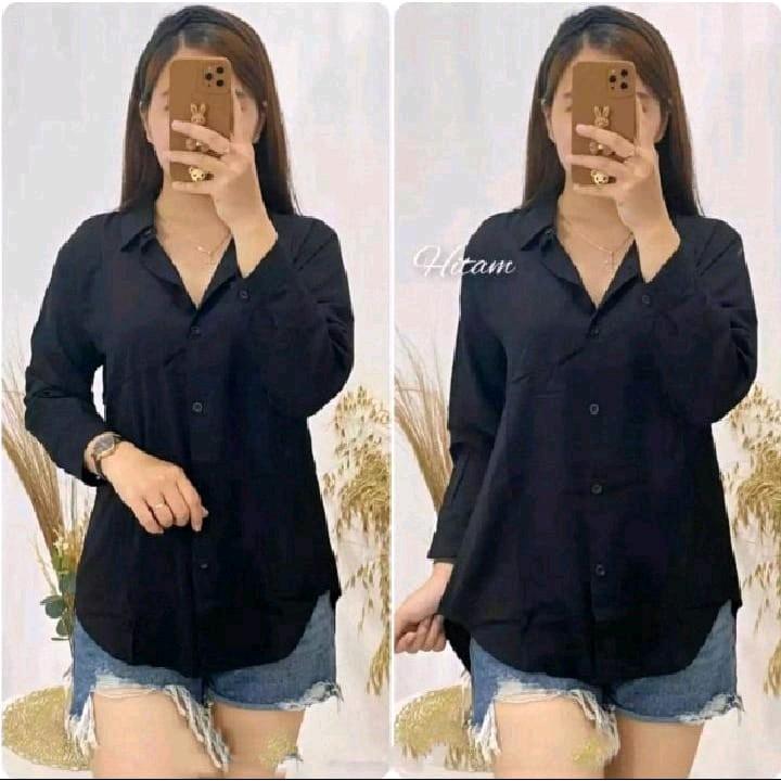 KEMEJA OVAL WANITA LENGEN PANJANG Polos Crinkle Baju Atasan Kerja Basic Casual Santai Kancing Oversize Simple 5