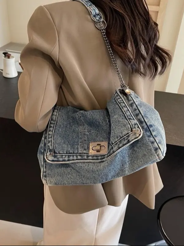 Women's Denim Shoulder Bag, Fashionable Chain Strap Crossbody Bag for Daily Used, Casual Trendy Versatile High-quality Daily Commuting Bag, Girl Fashionable Shopping Bag 4