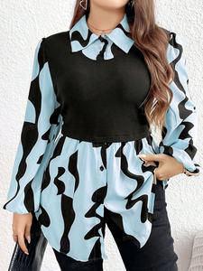 Plus Size 2 in 1 Geometric Print Bishop Sleeve Blouse, Casual Long Sleeve Button Front Top for Spring & Fall, Women's Clothes for Daily Wear