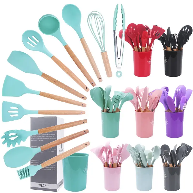 【Ready Stock Household】12Pcs Cooking Tools Kitchen Cookware Set Silicone Utensils Cooking Sets Household Kitchen Accessories Sets Senduk Viral Set memasak Senduk 12pcs Dark Handle Kitchenware silikon dengan pemegang