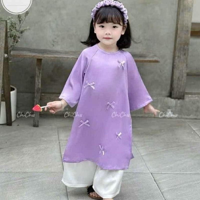 Áo Dài Tết lụa  Ngọc trai Cách Tân Cho Bé Gái 12kg - 34kg Tặng Kèm bờm Tóc Siêu Dễ Thương 1