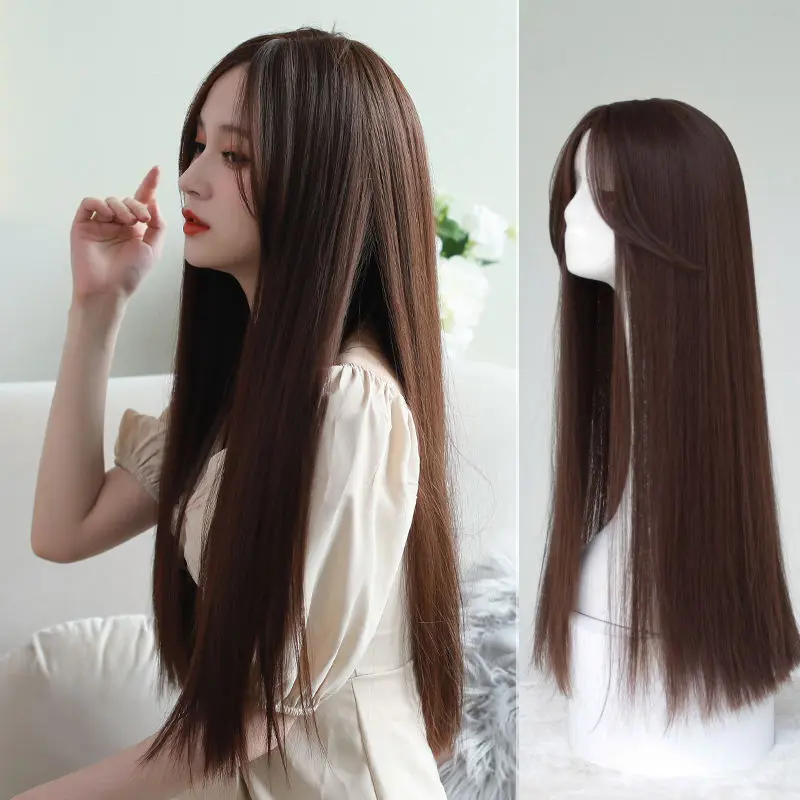 Wig Women's Long Hair Korea Edition Internet Red Eight Character Split Brown Long Straight Hair Natural Full Head Realistic Medium Long Wig Set