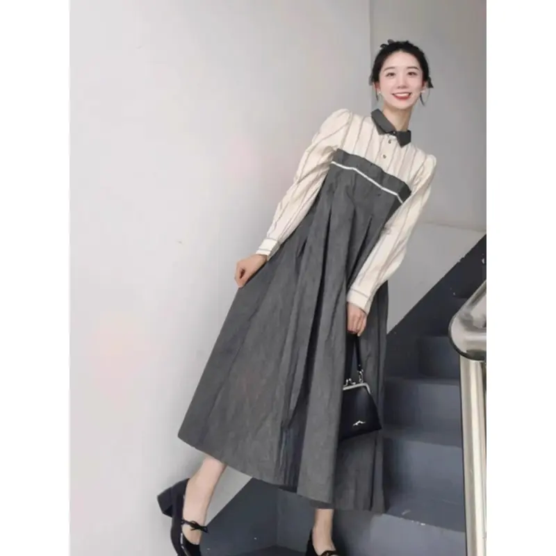 FADFAD - Gaun Wanita Lengan Panjang Gaya Korea - Kombinasi Motif Garis & Polos Elegan - Model Slim Fashionable - Cocok untuk Kantor, Hangout & Acara Formal 2