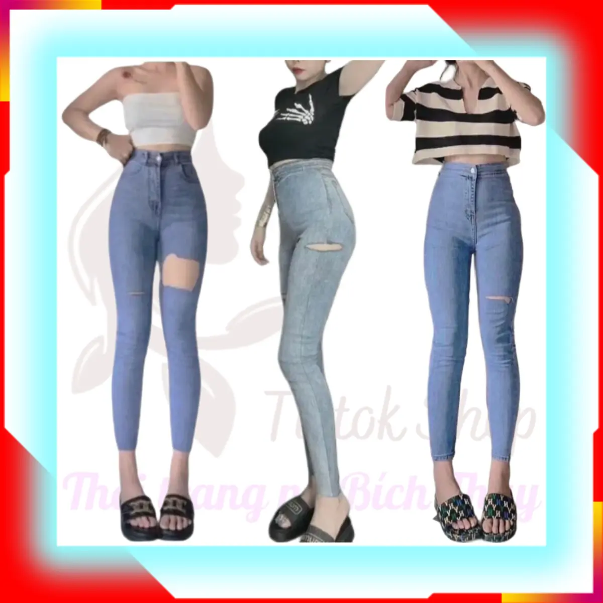 Quần jean nữ Hottrend, Quần bò nữ rách kiểu lưng siêu cao ôm dáng chất vải dày dặn co giãn Pants Denim Women khóa kéo croptop