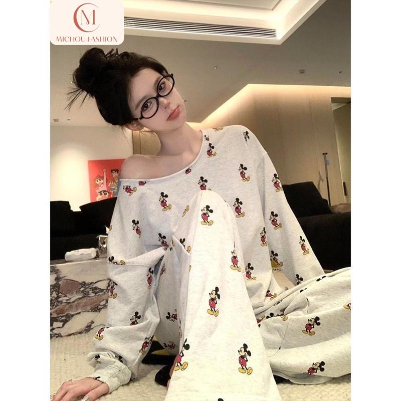 Bộ Đồ Ngủ Trễ Vai Thiết Kế Độc Đáo Dành Cho Nữ, Bộ Sưu Tập Mùa Xuân Và Mùa Thu, Bộ Sưu Tập Mùa Thu Mới 2024, Quần Dài Dài Tay, Bộ Đồ Mặc Nhà Mickey, Thiết Kế Đẹp