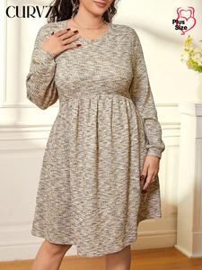 CURVZY Plus Size Long Sleeve Dress, Casual Round Neck Dress for Daily Outdoor Wear, Women Plus Clothing for All Seasons
