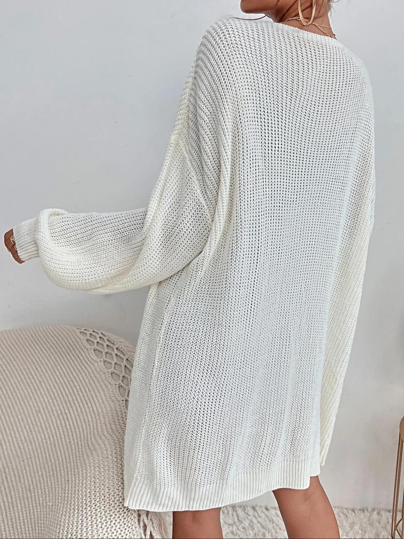 Product Introduction of Women's Solid Hollow Out Bishop Sleeve Midi Cardigan, Casual Long Sleeve Open Front Knitwear for Fall & Winter, Women's Knit Clothing for Daily Wear 6